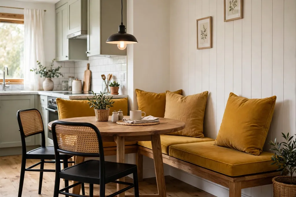 Kitchen dining nook with mustard bench cushions and a round wood table.