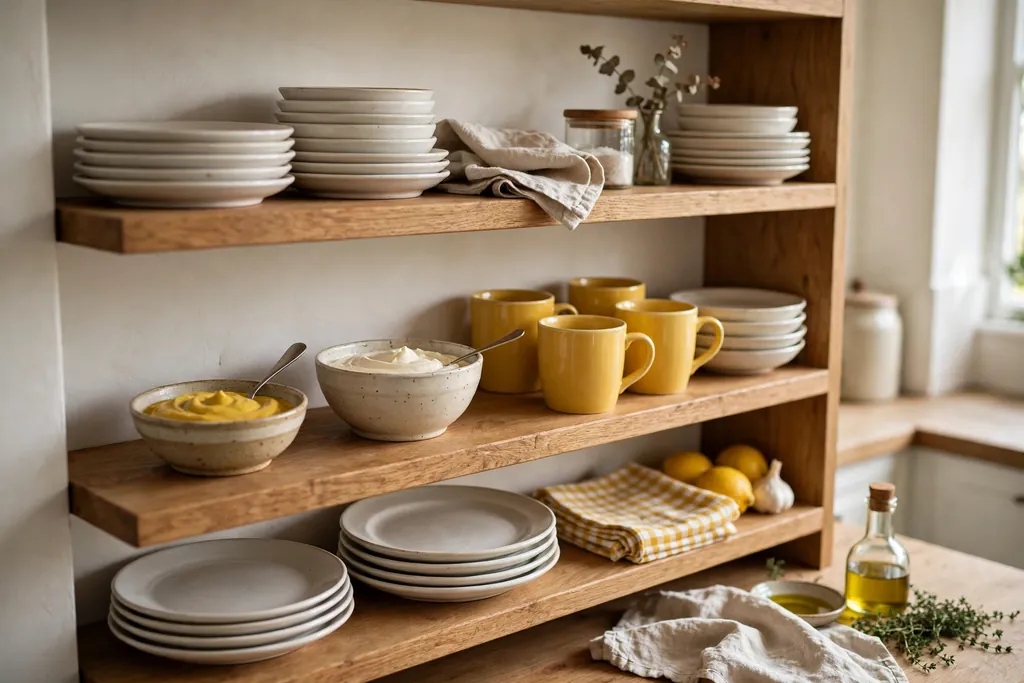 Open kitchen shelves holding mustard and cream bowls, yellow mugs, and plates.