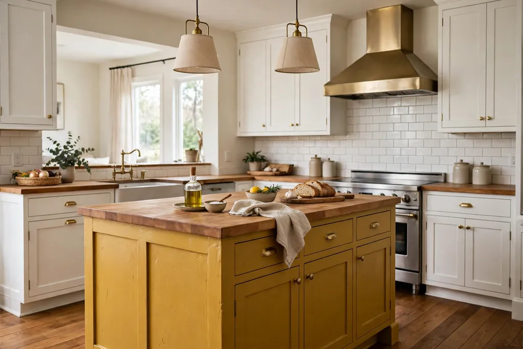 Mustard painted kitchen island with a wood counter and white cabinets around it.