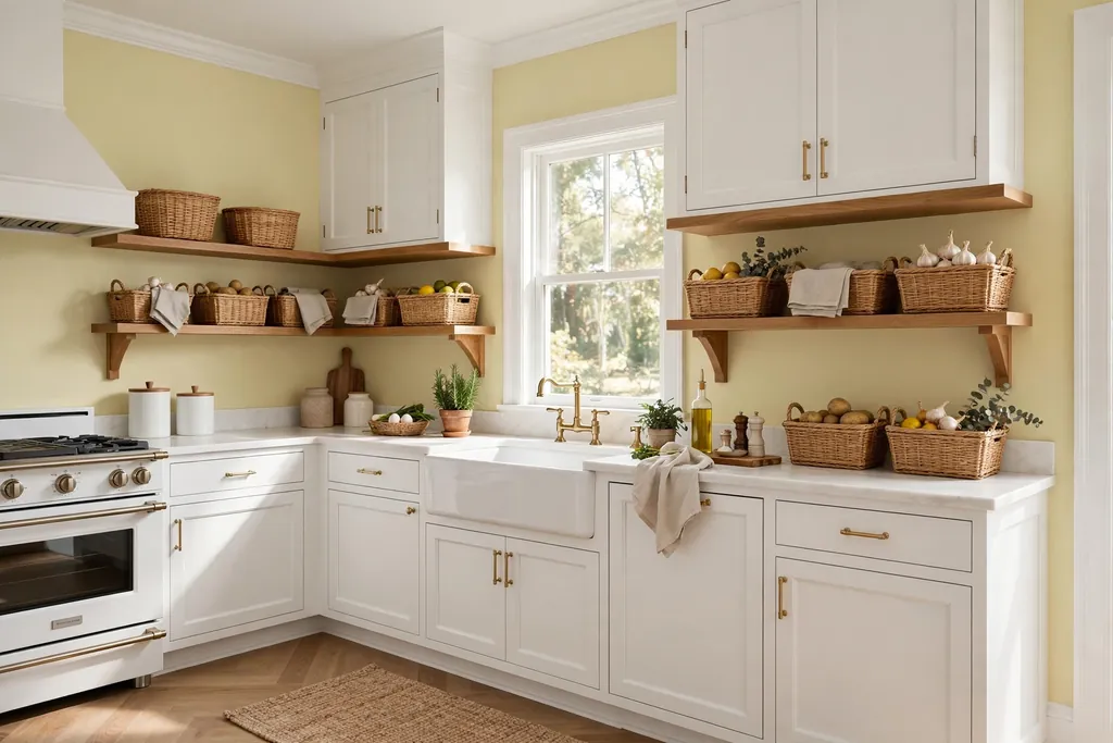Kitchen with pale yellow walls, white trim, and white cabinets beside wood shelves.