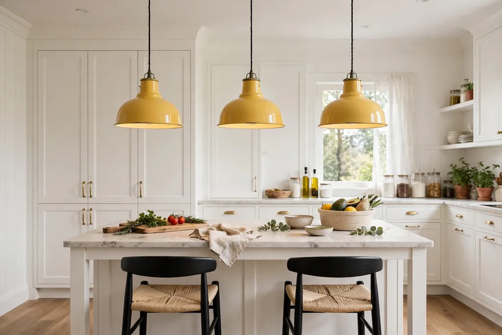 Yellow enamel pendant lights hanging in a row over a kitchen island.