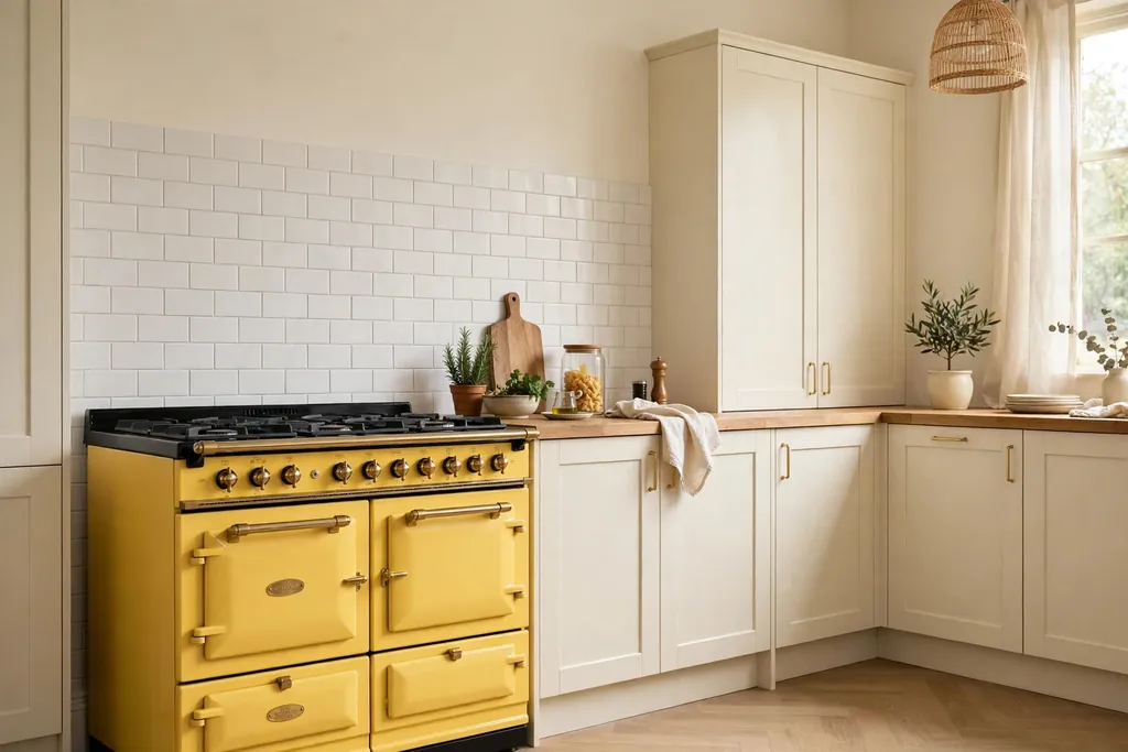 Cream kitchen with a yellow range cooker as the focal point beside plain cabinets.