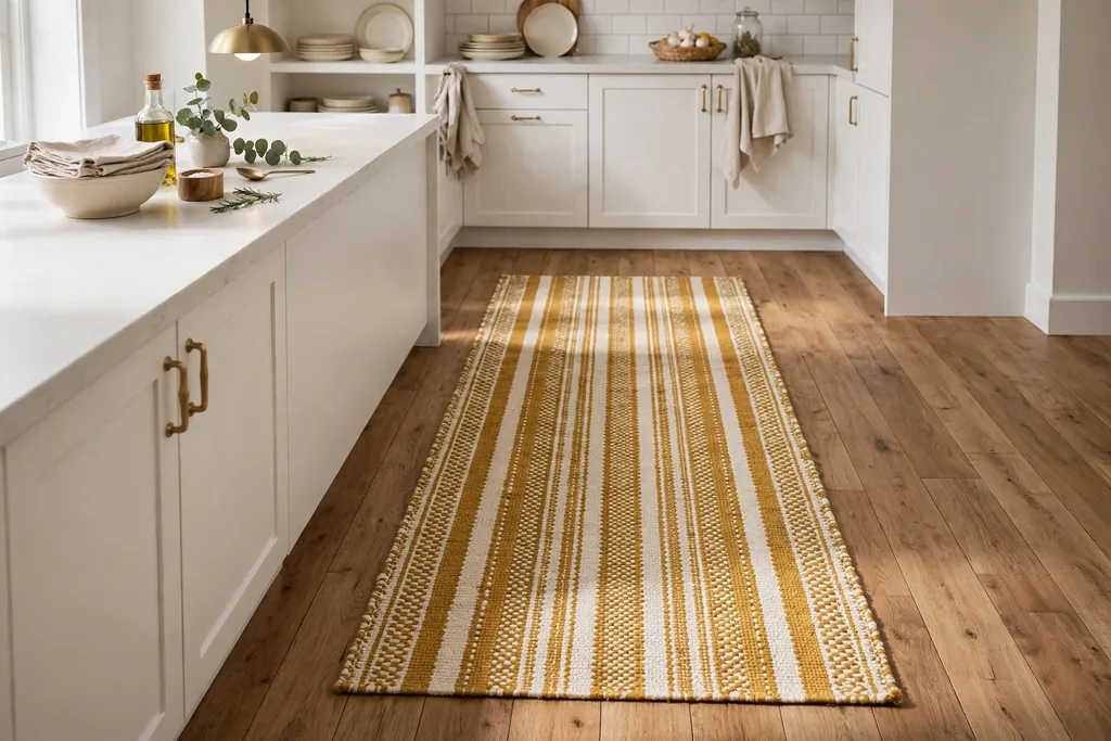 Mustard and cream runner rug on a kitchen floor in front of the counter.