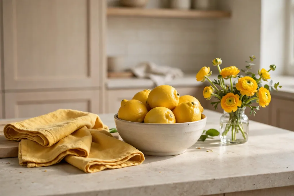 Neutral kitchen with a bowl of lemons, yellow tea towels, and yellow flowers on the counter.
