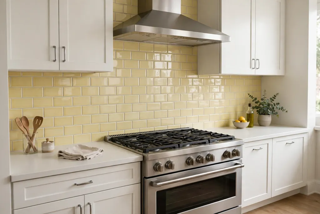 Soft yellow subway tile backsplash behind a kitchen stove with white cabinets.