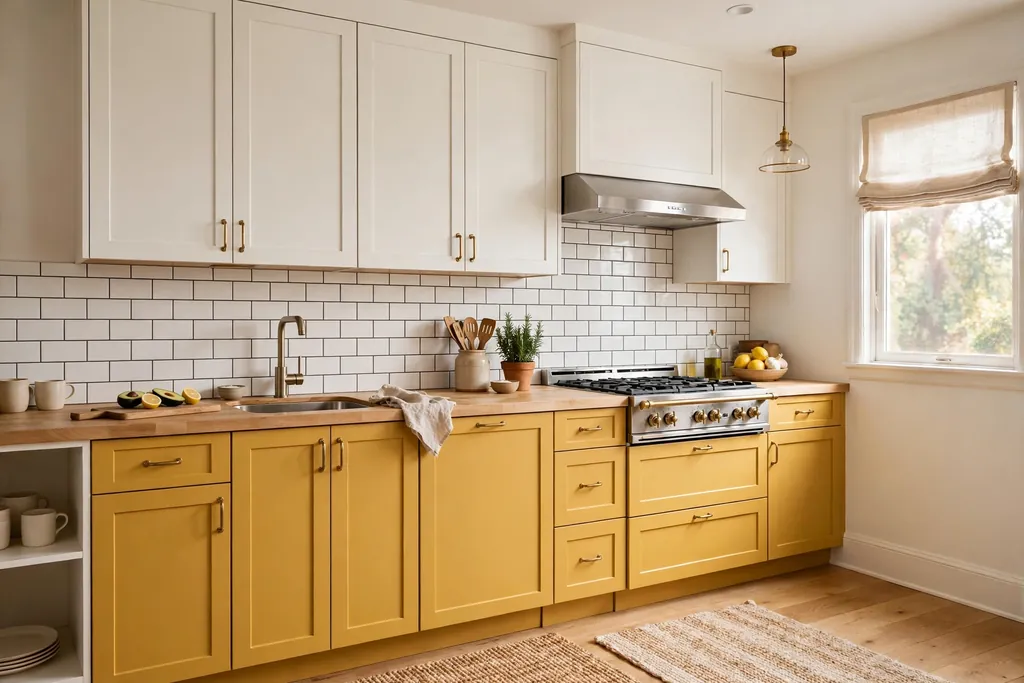 Kitchen with mustard lower cabinets, white upper cabinets, and a light wood counter.