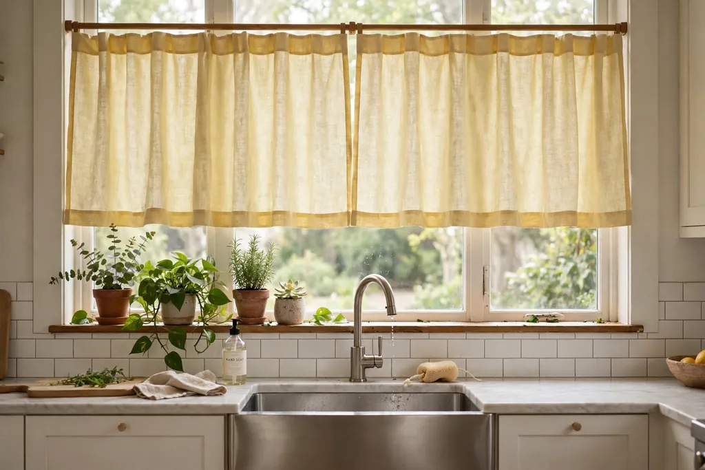 Light yellow cafe curtains at a kitchen window above the sink in daylight.