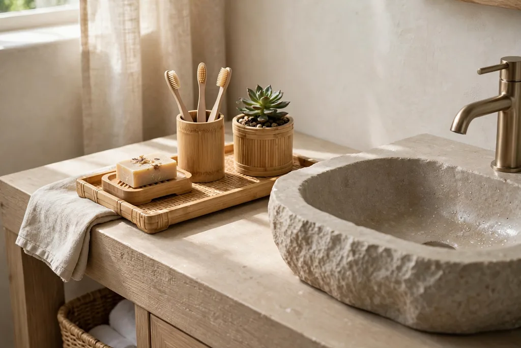 Bamboo soap dish, toothbrush holder, tray, and small plant on a bathroom vanity counter beside a stone sink.