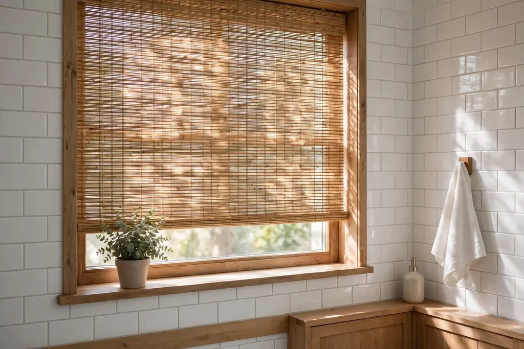 Bathroom window covered with a natural bamboo blind filtering soft daylight, with a small plant on the sill.
