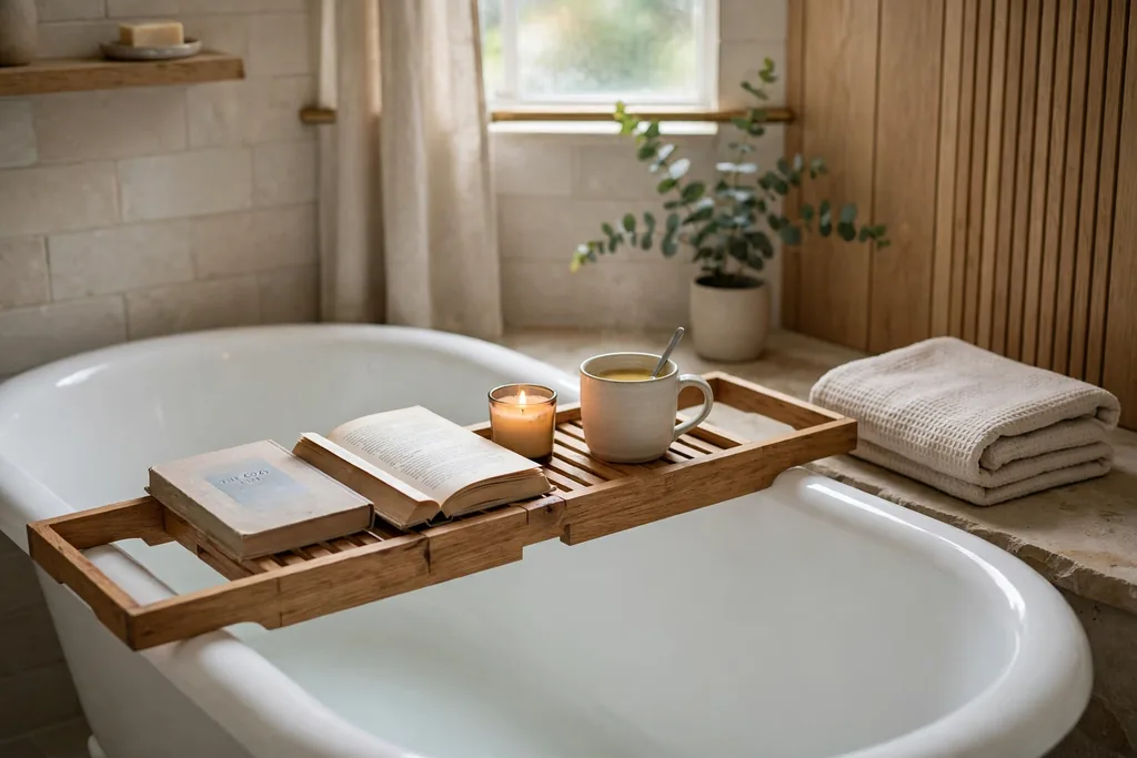 Wooden bath caddy across a bathtub holding a book, a small candle, and a cup of tea.