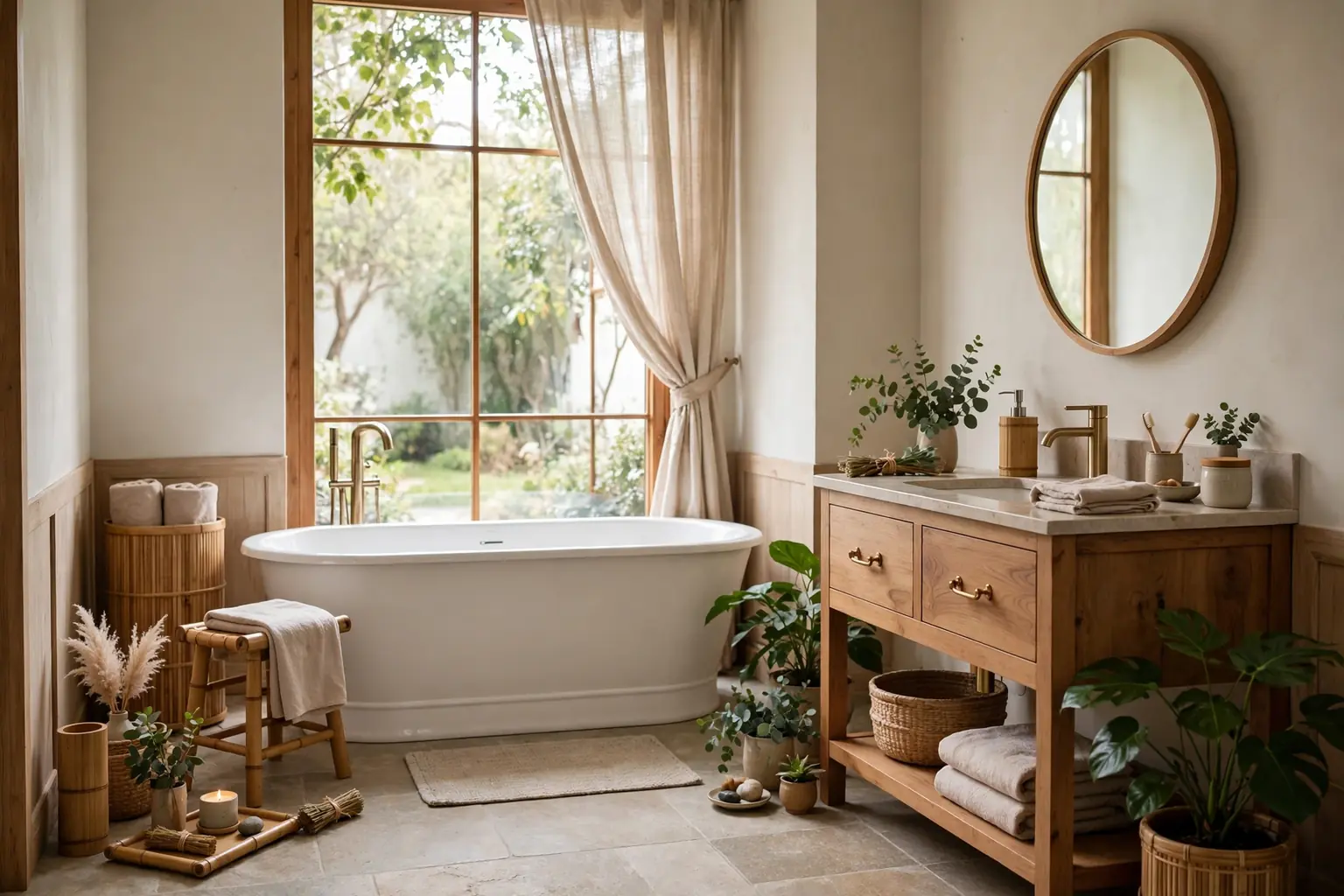 Calm zen bathroom with a freestanding tub beside a large window, bamboo accessories, green plants, and a warm wood vanity.