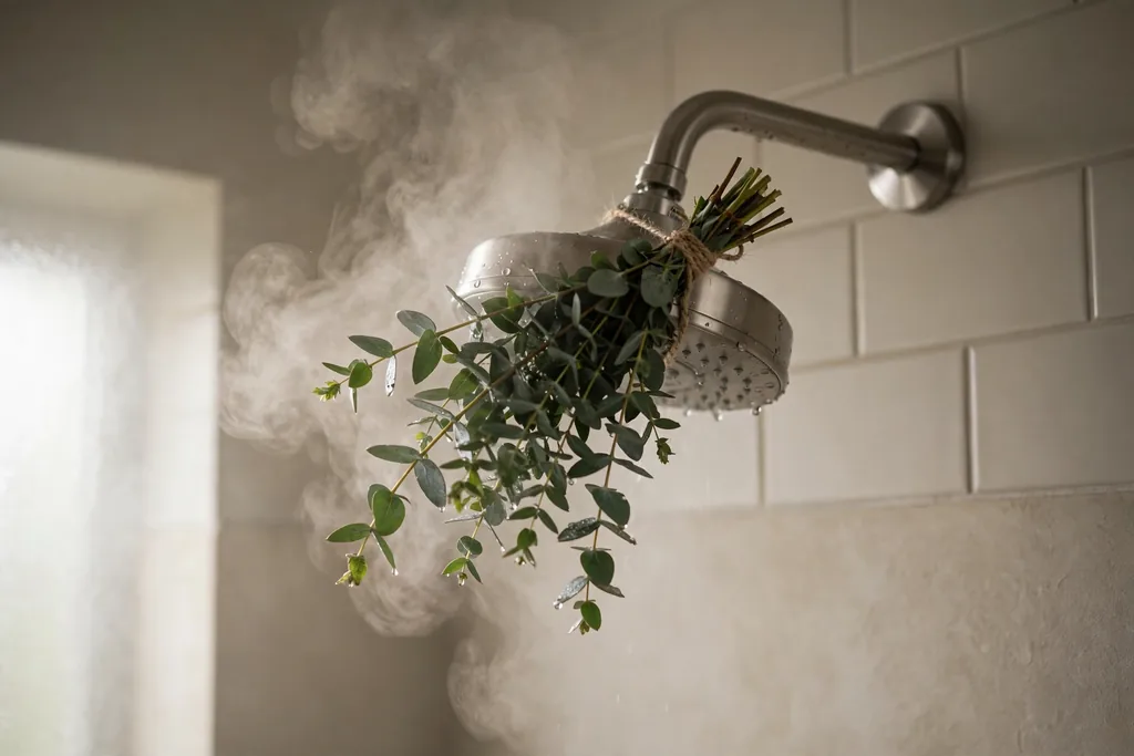 Fresh eucalyptus bundle tied to a showerhead in a calm neutral bathroom.