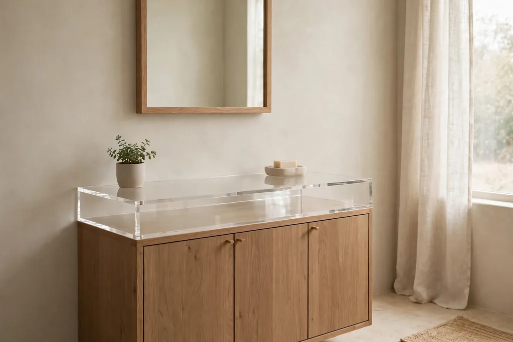 Tidy minimalist bathroom with a clear vanity counter, closed wooden cabinets, one small plant, and one soap dish.