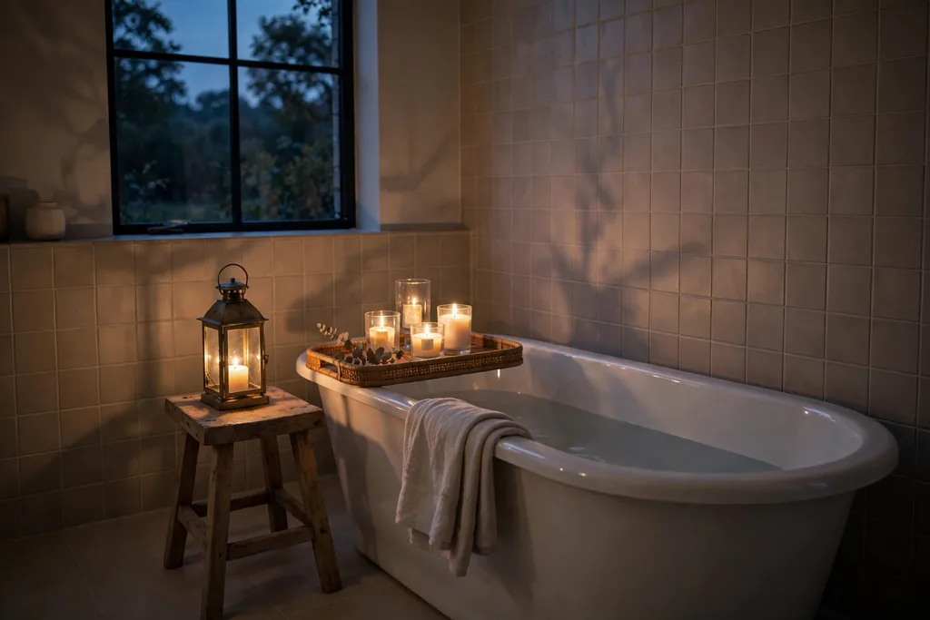 Bathroom at dusk with warm lantern light on a wooden stool beside a bathtub and candles in glass holders.