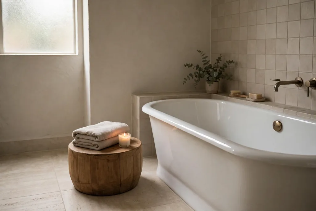 Low round wooden stool beside a bathtub holding a folded towel and a small candle.