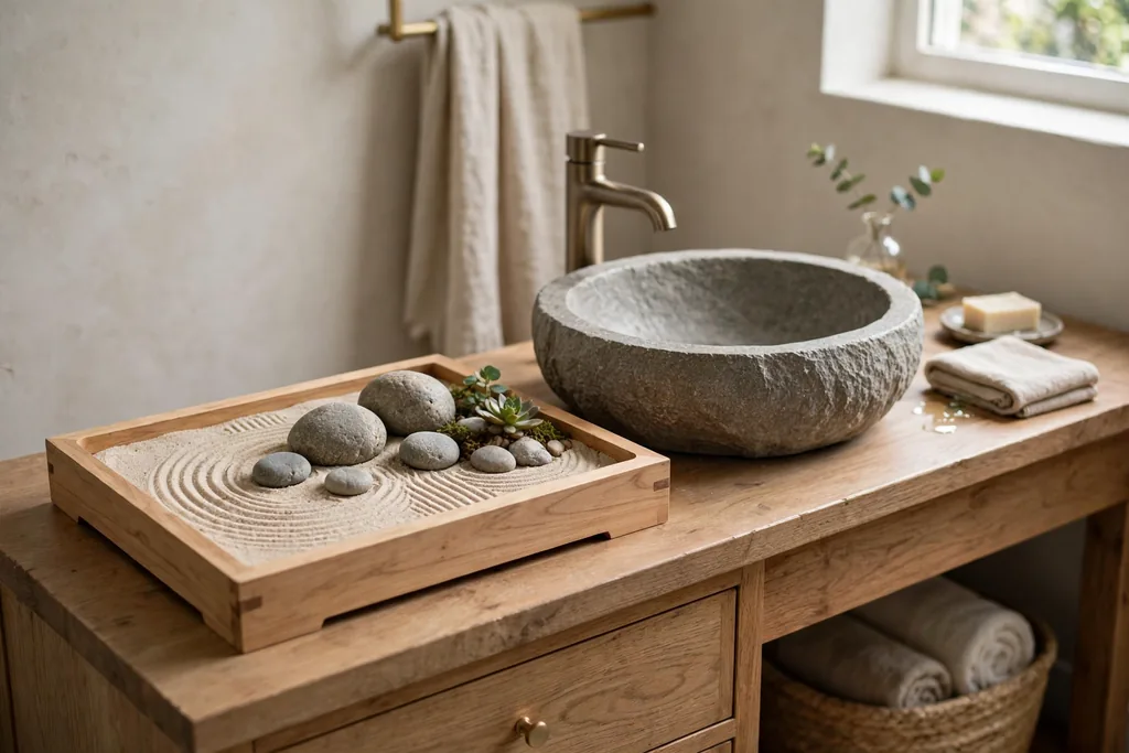 Small wooden zen garden tray with raked sand, smooth stones, and a tiny plant on a bathroom vanity beside a stone sink.