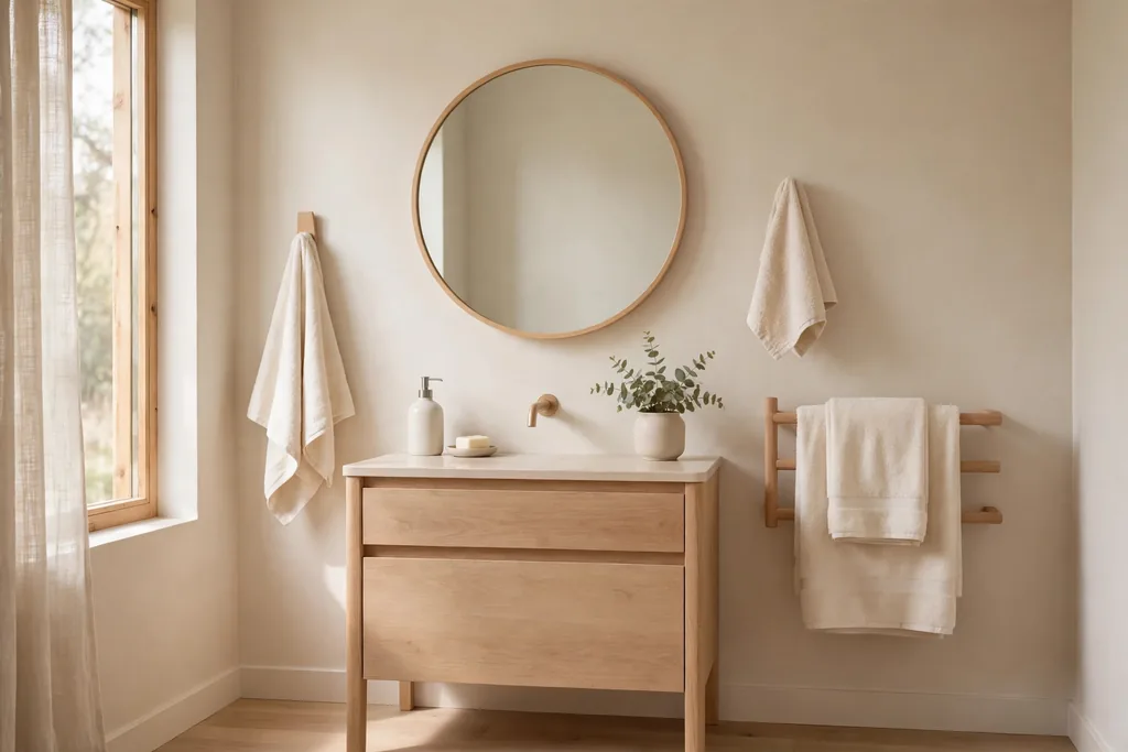 Bathroom in warm white and soft beige tones with cream towels, light wood accents, and a simple mirror.