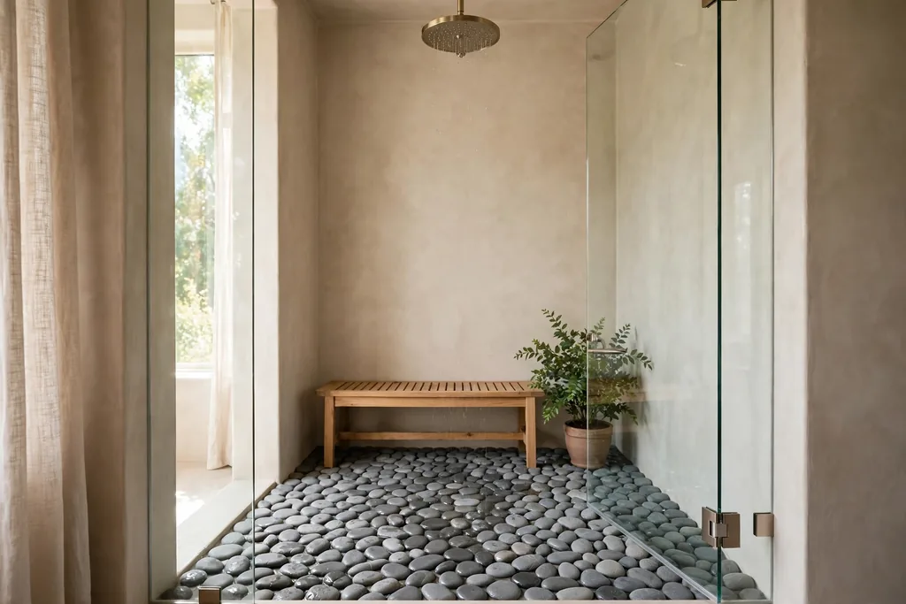Walk-in shower with a smooth grey river pebble floor, glass panel, rain showerhead, and a wooden bench.