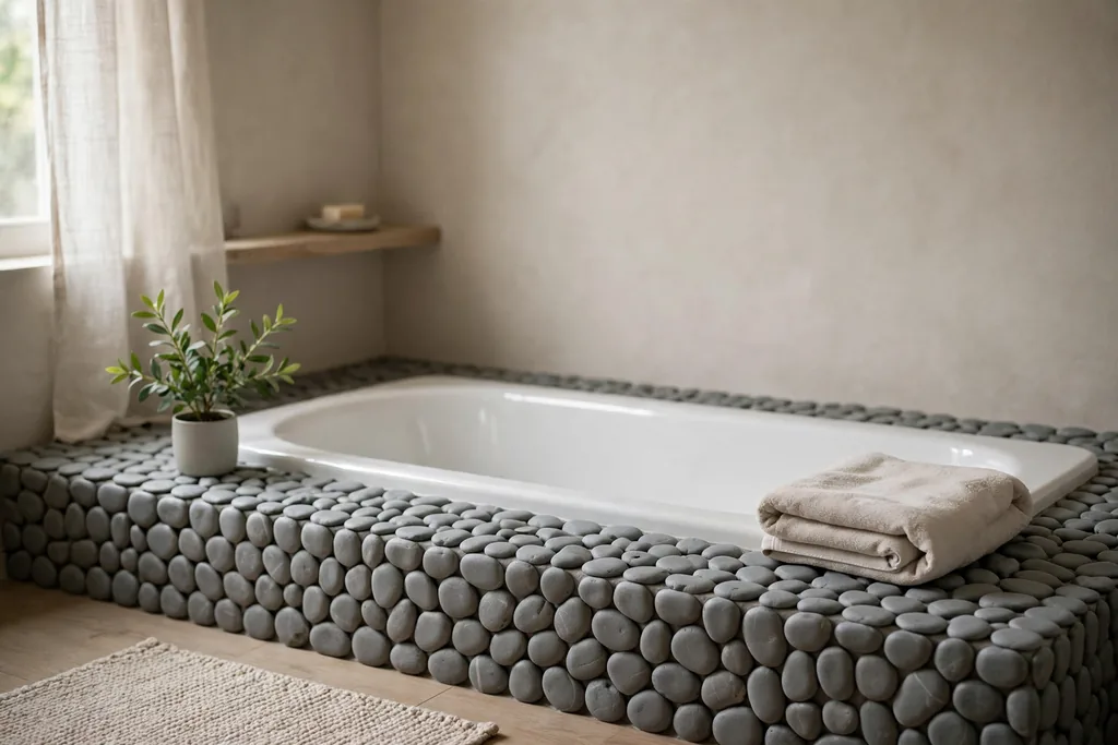 Bathtub surround edged with smooth grey pebbles and a small green plant, with a folded towel on the tub edge.