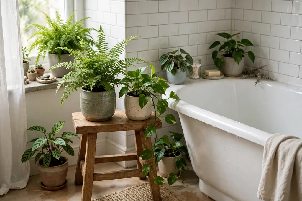 Bathroom corner with humidity loving plants in ceramic pots, a fern and pothos on a wooden stool beside a bathtub.