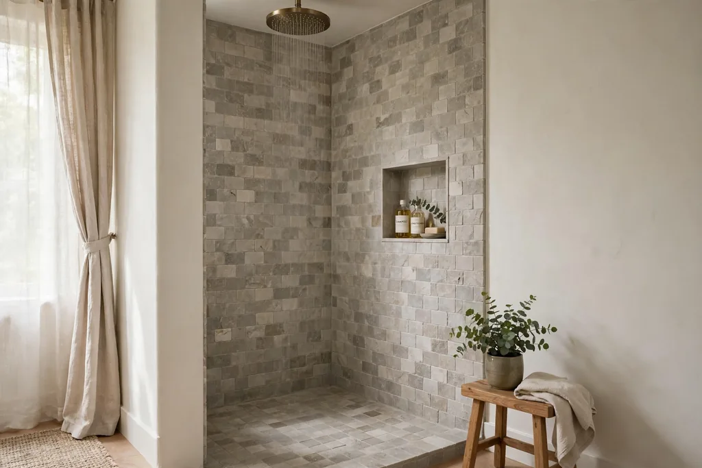 Ceiling mounted rain showerhead over a stone tiled shower with a small niche, wooden stool, and green plant.