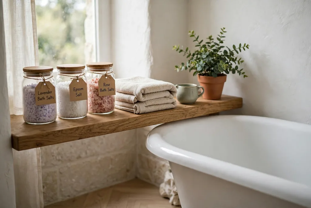 Wooden bathroom shelf with bath salts in glass jars, a folded towel, a small teapot cup, and a plant beside a bathtub.