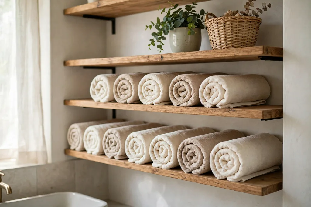 Open wooden shelves with neatly rolled cream and beige linen towels, a small basket, and a green plant.