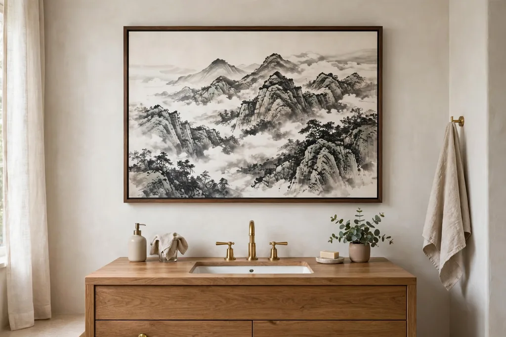 Bathroom wall with one large framed ink painting of mountains and mist above a wooden vanity.