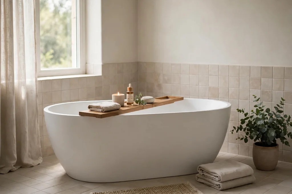 Freestanding oval soaking tub with a wooden bath caddy, folded linen towel, and a potted plant in soft window light.