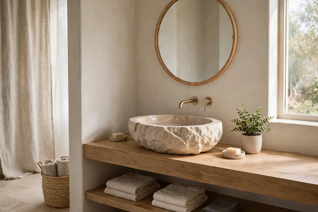 Carved natural stone vessel basin on a wooden counter, with a round mirror and a small plant.
