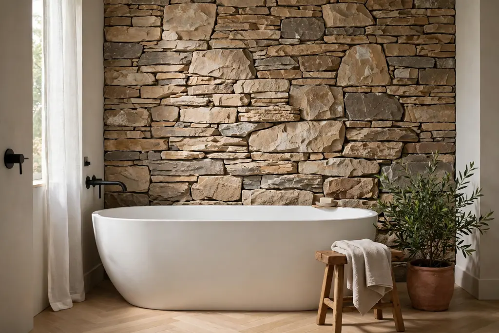 Textured natural stone tile feature wall behind a freestanding bathtub, with a wooden stool and green plant.