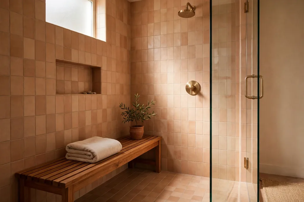 Walk-in shower with a teak wood bench, folded towel, glass panel, and a small potted plant.