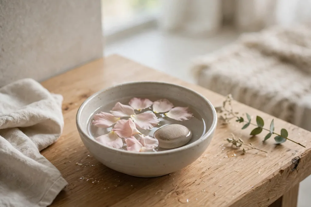 Small tabletop water bowl with floating petals and a smooth stone on a wooden bathroom counter.