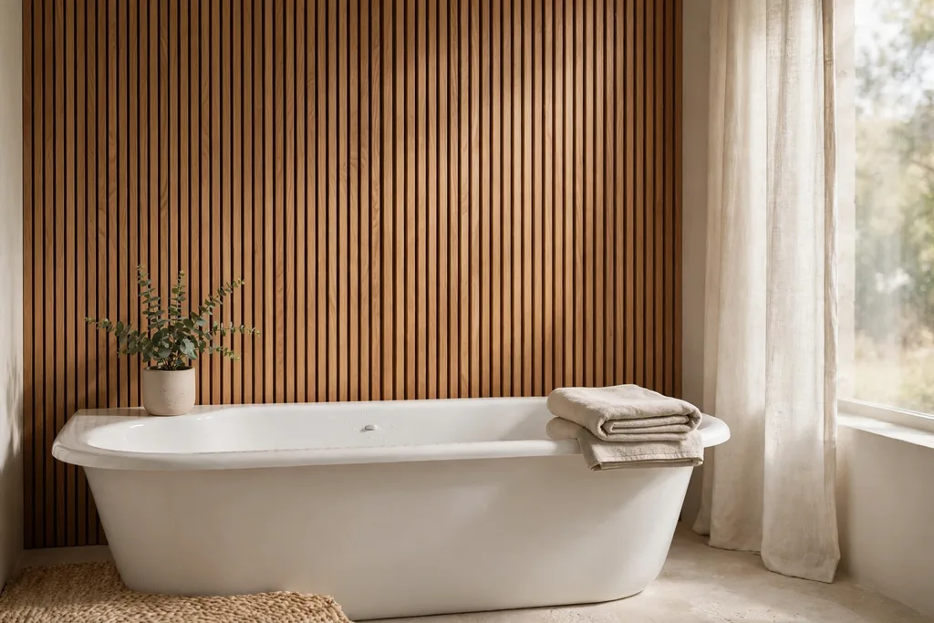 Bathroom wall with vertical warm wood slats behind a bathtub, a small plant, and a folded towel.