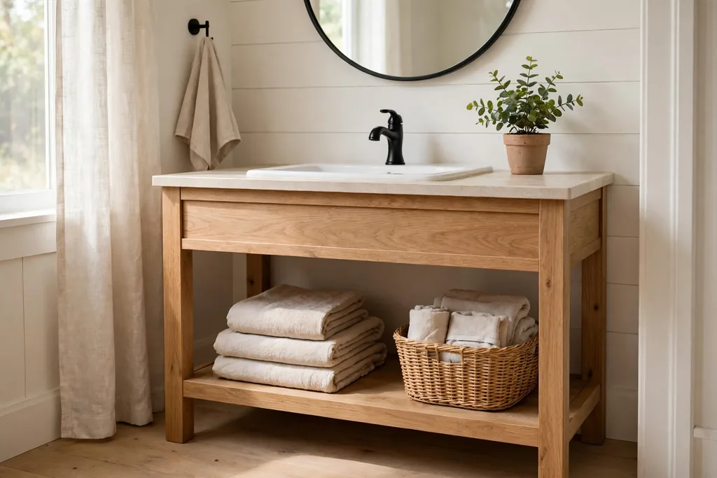 Natural wood bathroom vanity with an open lower shelf holding folded towels and a basket, with a white basin.