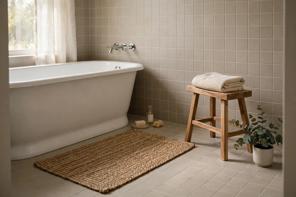 Woven natural fiber rug beside a bathtub, with a wooden stool holding a towel.