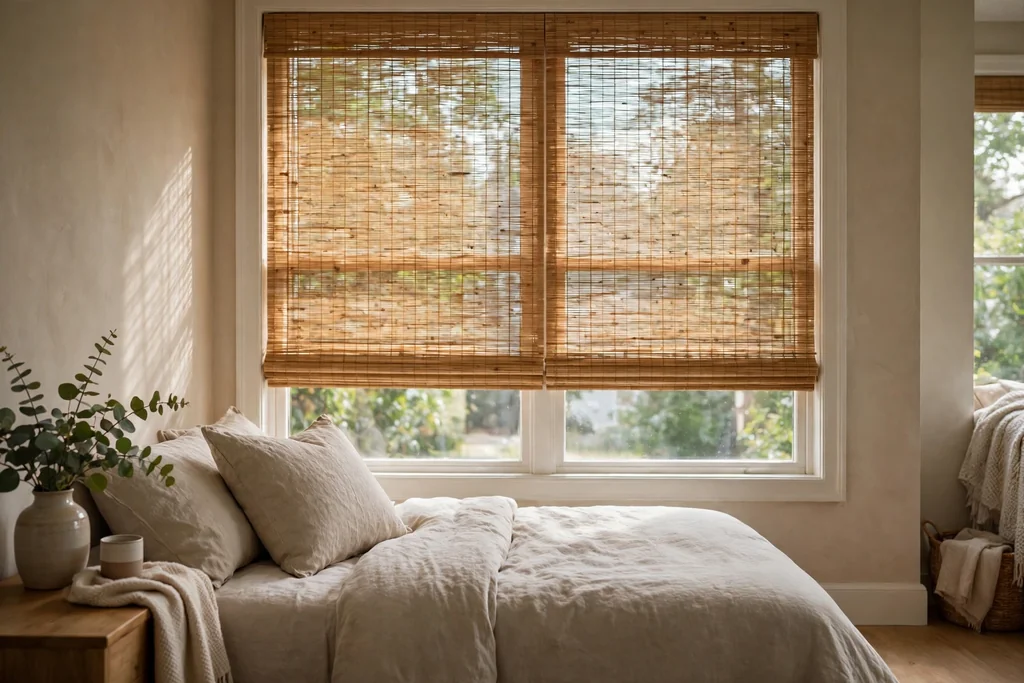 Bedroom window with bamboo shades filtering soft daylight.