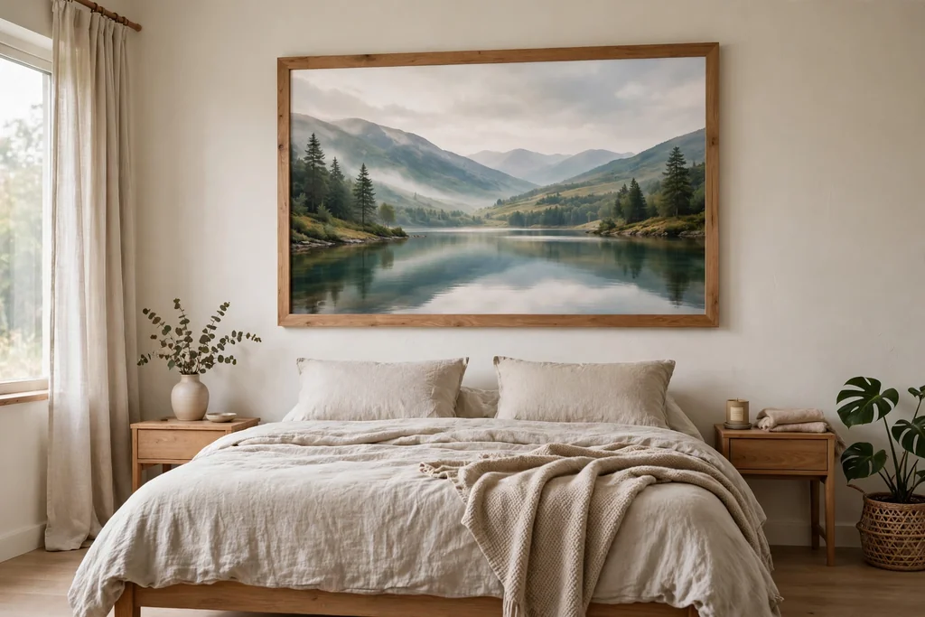 Large calm landscape print in a wood frame above a bed in a quiet bedroom.