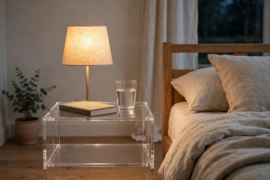 Clear nightstand with a lamp, a glass of water, and a book beside a bed.