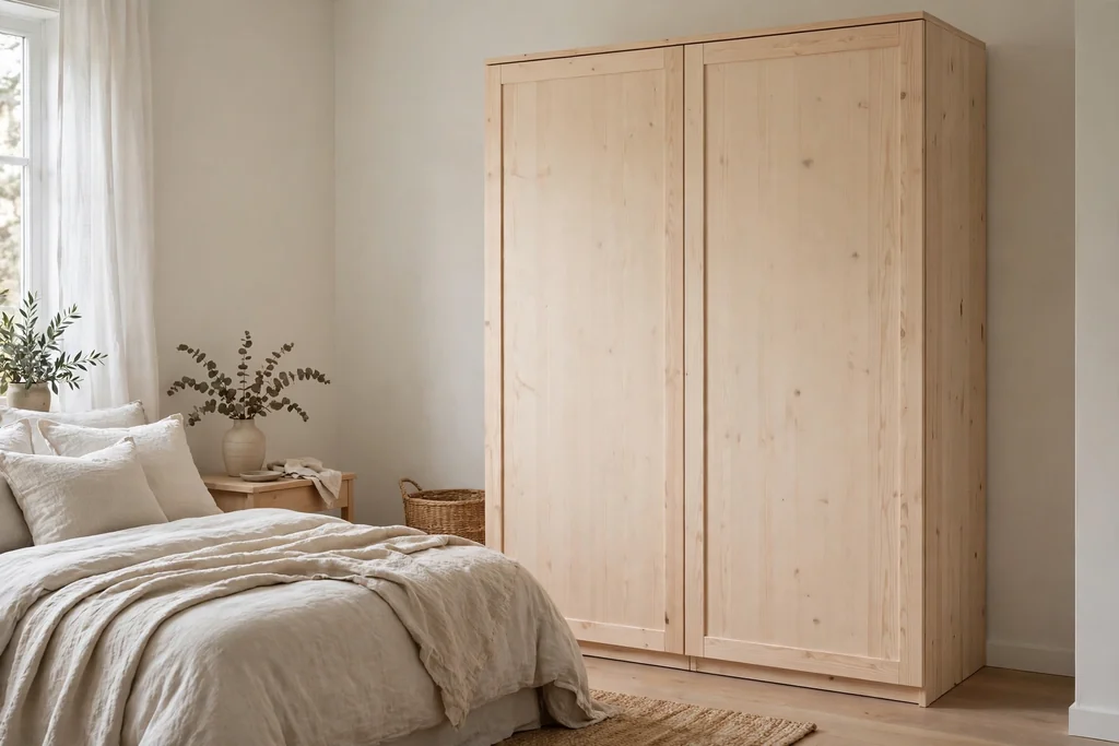 Closed wardrobe with plain doors in a pale wood tone in a calm bedroom.