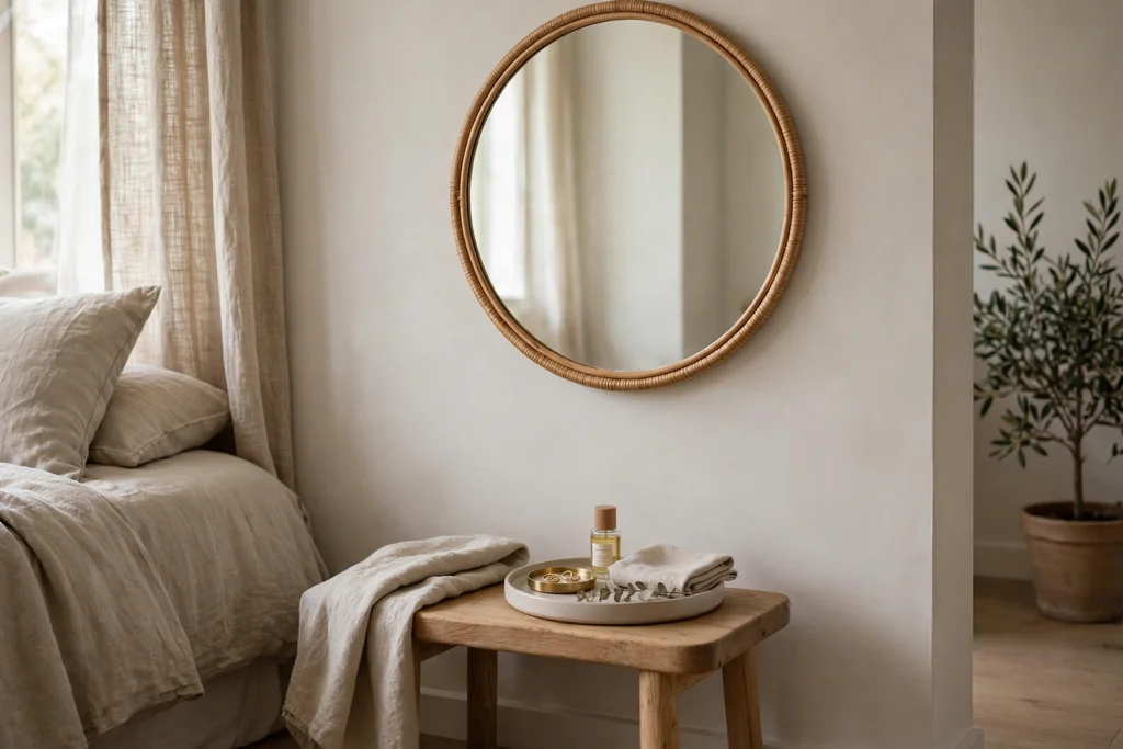 Calm dressing corner with a mirror, a low wooden stool, and a small tray in a bedroom.