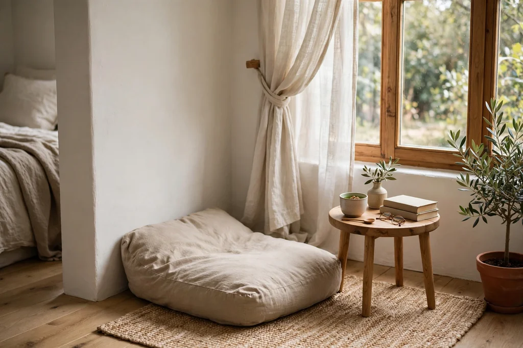 Floor cushion corner with a low cushion and a small side table near a bedroom window.