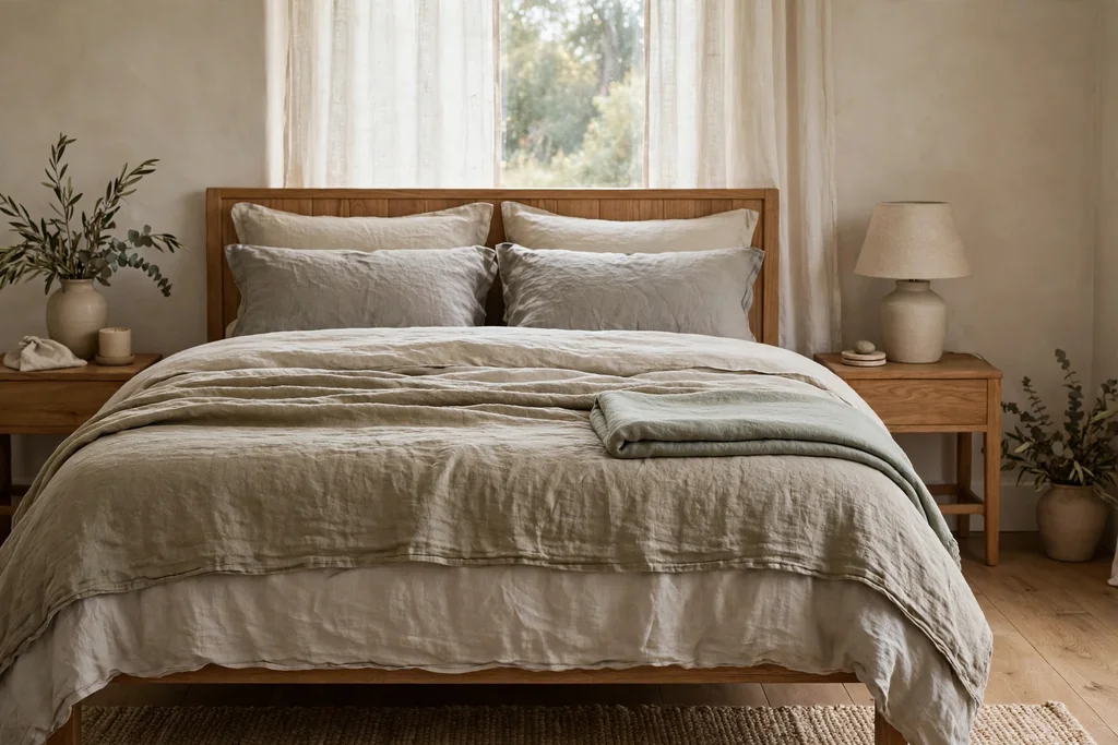 Bed with layered linen bedding in muted tones and a folded throw at the foot.