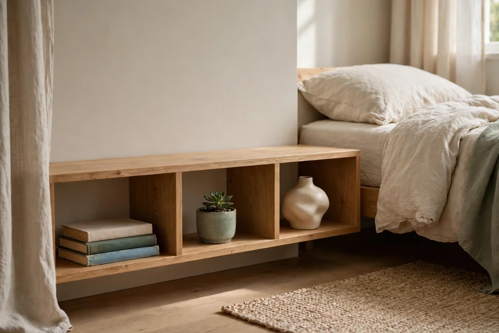 Low open shelf with a few books, a small plant, and a ceramic piece in a calm bedroom.