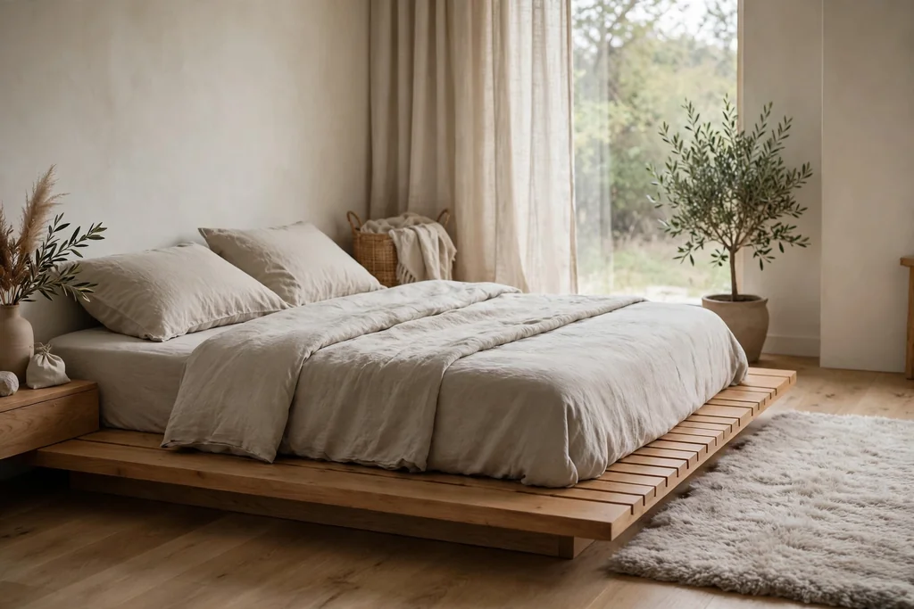 Low wood platform bed close to the floor with muted linen bedding and a soft rug beside it.