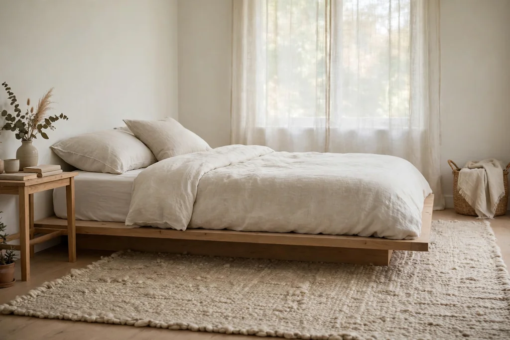 Natural wool rug under a low bed in a calm bedroom with pale walls.
