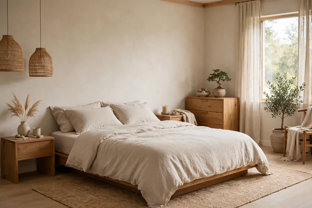 Zen bedroom with warm white and soft beige walls, wood furniture, and plain linen bedding.
