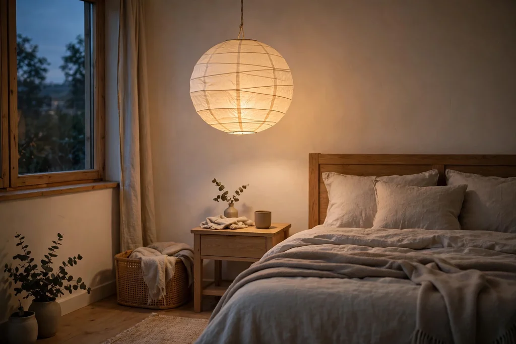 Paper lantern glowing softly in a calm bedroom in the evening.