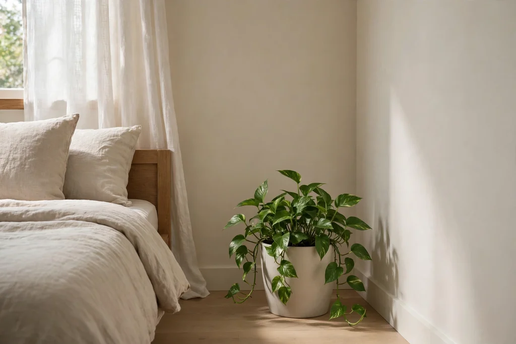 Single potted plant in a plain pot in the corner of a calm bedroom.