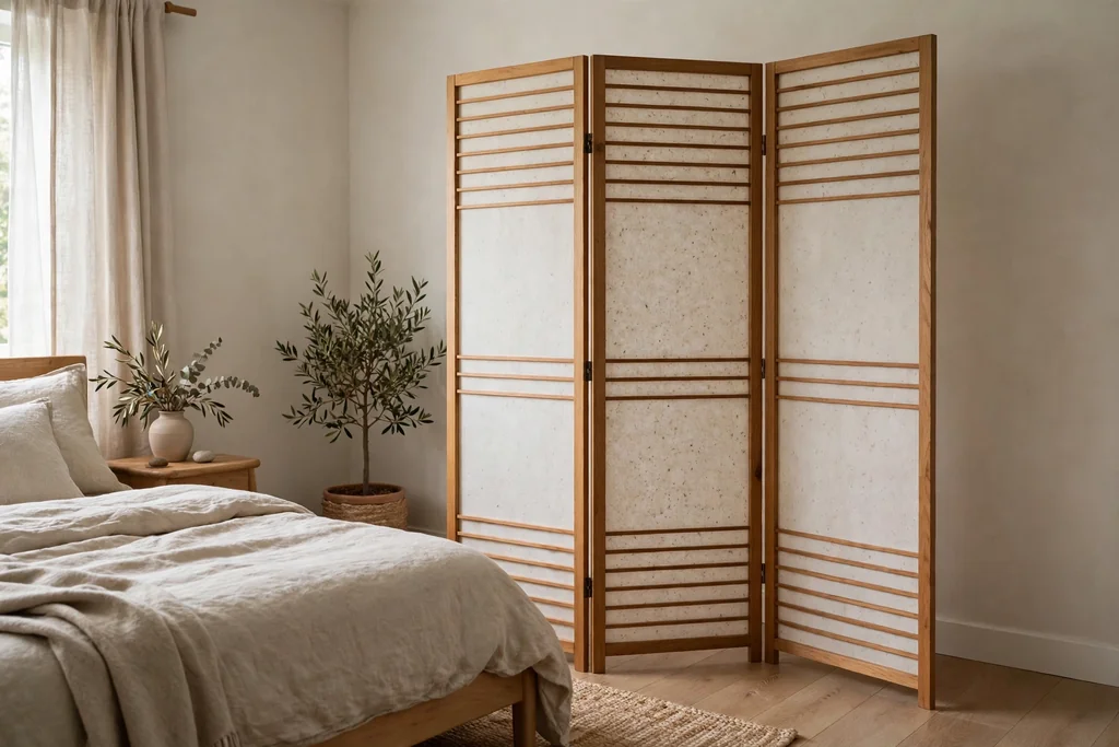 Wood and paper room divider screen in a calm bedroom corner.